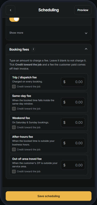 Screen for step 2: Open Booking fees