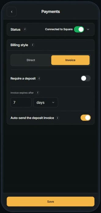 Screen for step 6: Customers pay by Square invoice