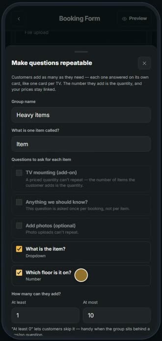 Screen for step 5: Tick the questions to repeat